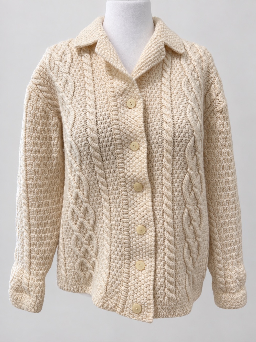 Paul James 100% Wool Cable Knit Button Cardigan Ivory M Made in England